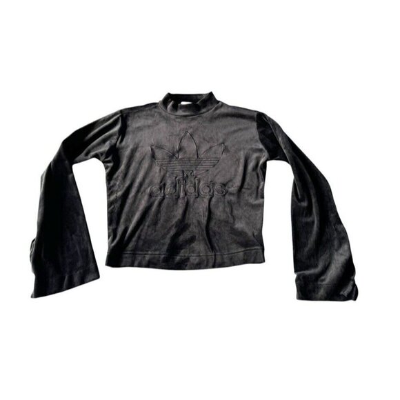Adidas Woman's Sz M Bellista Sweater Black Velvet Trefoil Logo Flared Long Slvs - Picture 9 of 9